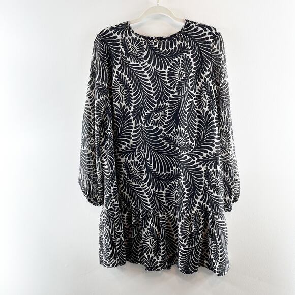 LOFT Fern Printed Flounce Long Sleeve Mini Swing Dress Black Medium Petites - Picture 3 of 7